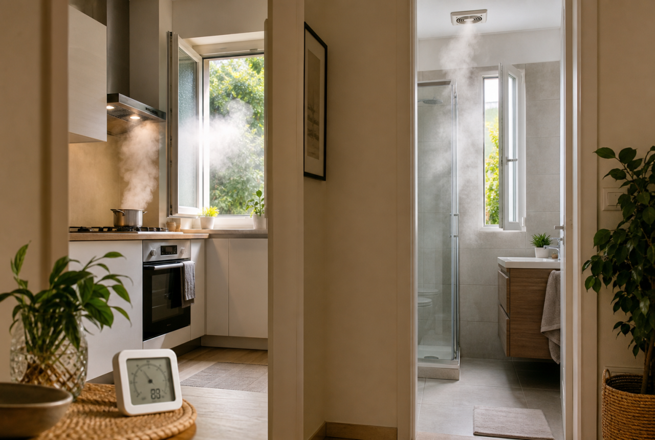 Vapore in cucina e bagno durante una giornata calda in casa