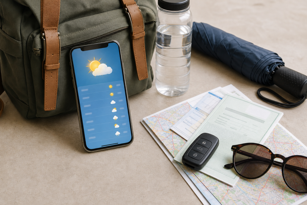 Smartphone e oggetti da viaggio per controllare meteo e traffico