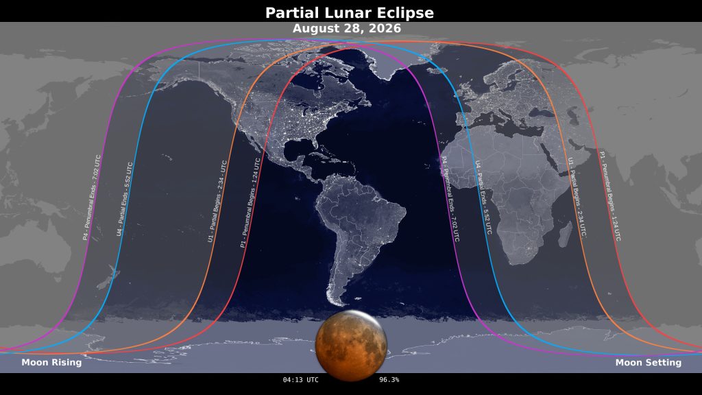 Mappa NASA della visibilità della eclissi lunare parziale del 28 agosto 2026