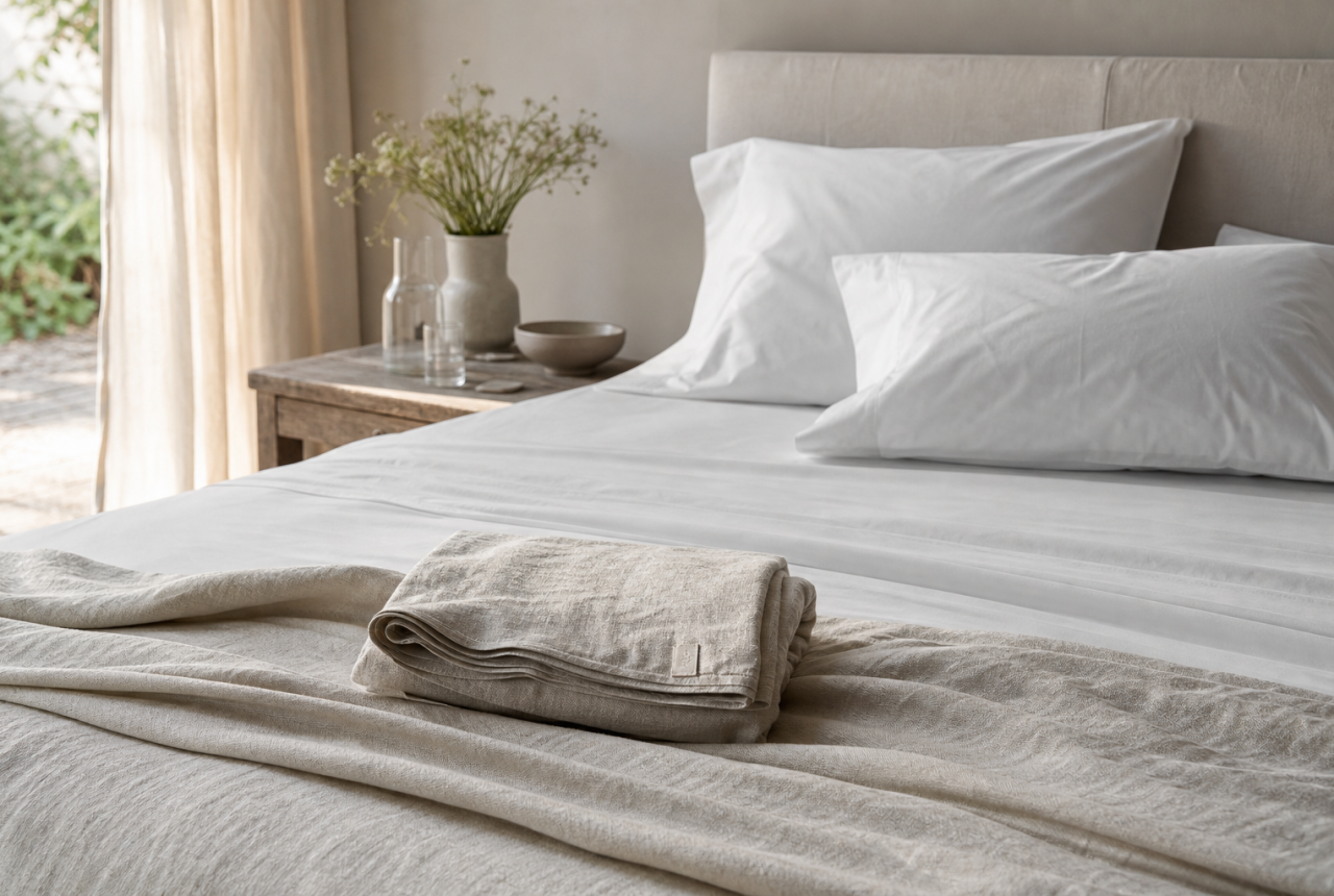 Letto con lenzuola estive generiche in cotone e lino