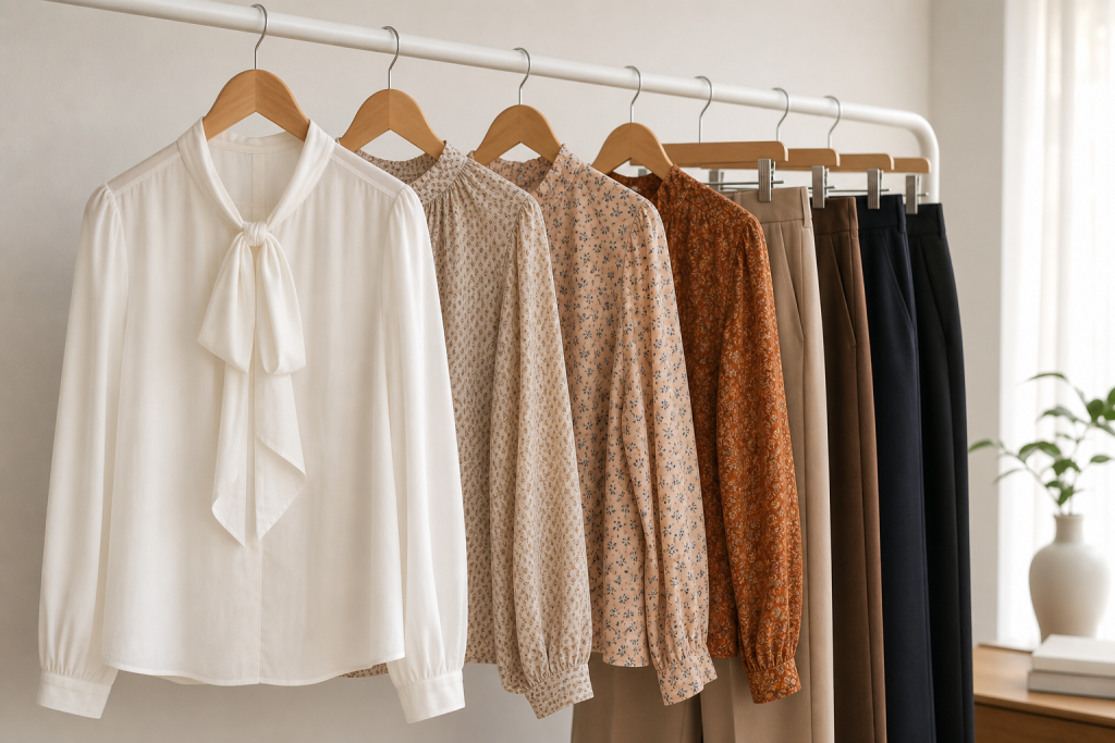 Bluse boho e pantaloni su appendiabiti