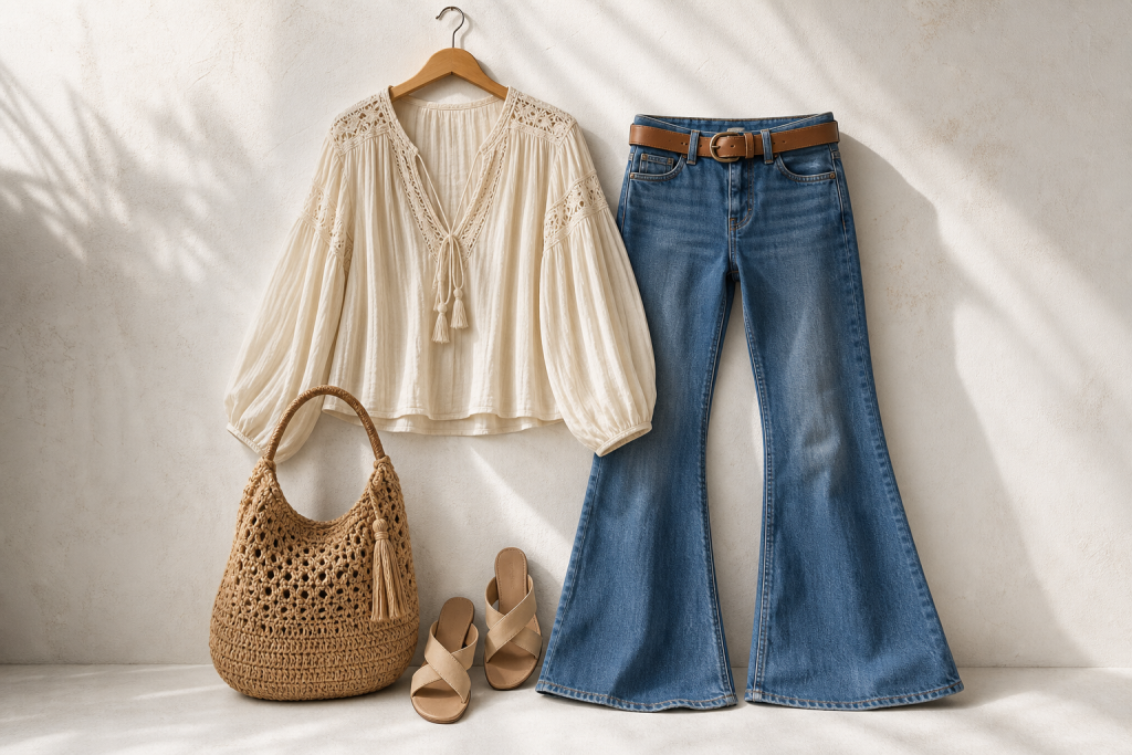 Blusa boho chiara abbinata a jeans a zampa
