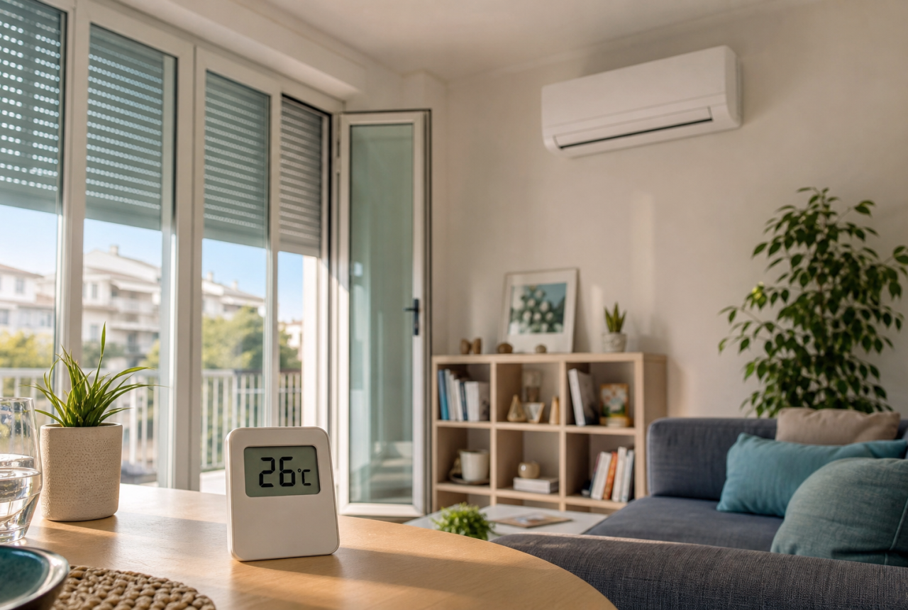 Soggiorno estivo con climatizzatore generico e termometro a 26 gradi