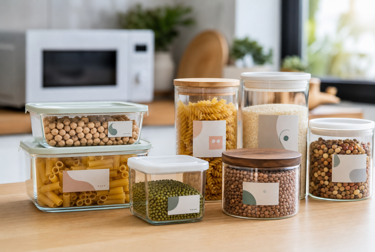 Contenitori alimentari generici vicino a un microonde in cucina