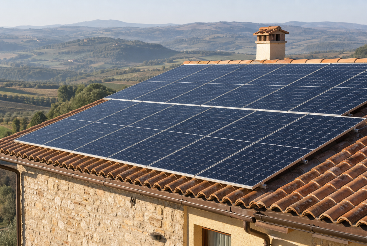Pannelli fotovoltaici generici su un tetto domestico