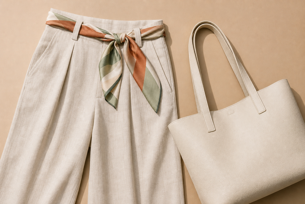 Foulard piegato accanto a pantaloni in lino e borsa neutra
