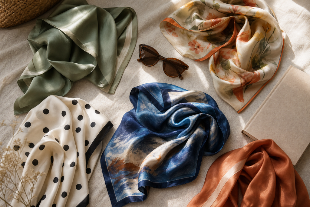Foulard colorati su tessuto chiaro con accessori neutri