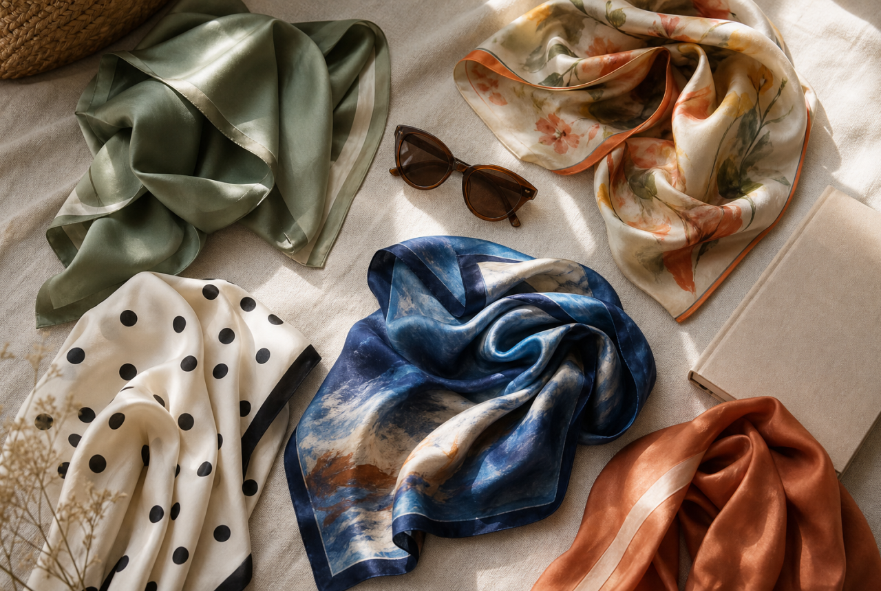 Foulard colorati su tessuto chiaro con accessori neutri