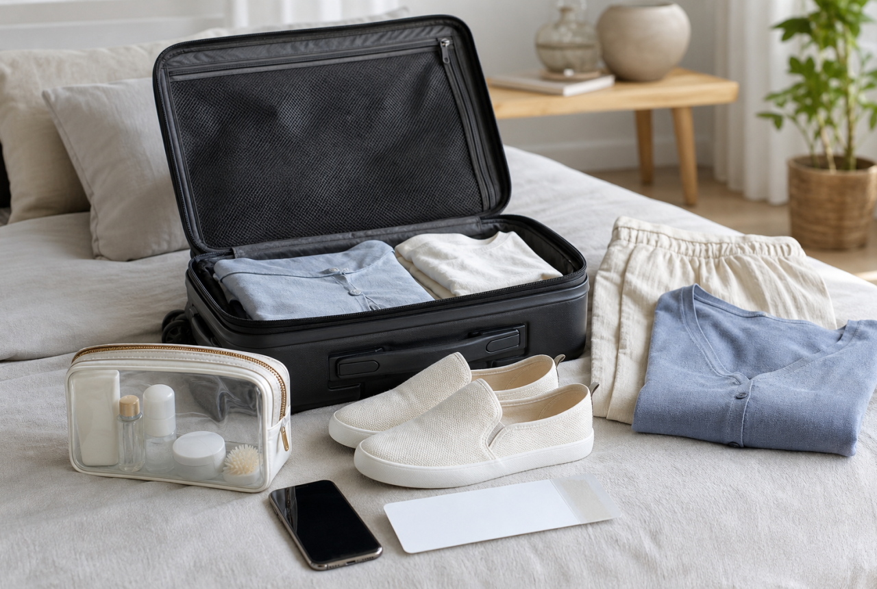 Abiti comodi e valigia per un viaggio in aeroporto