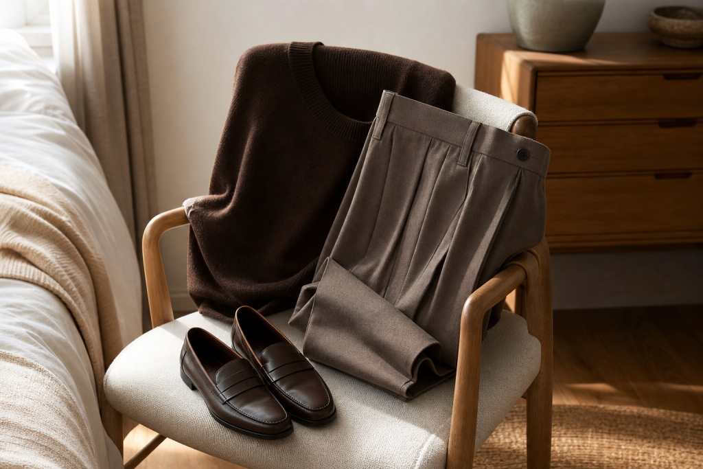 Pantaloni con pinces abbinati a maglieria e mocassini