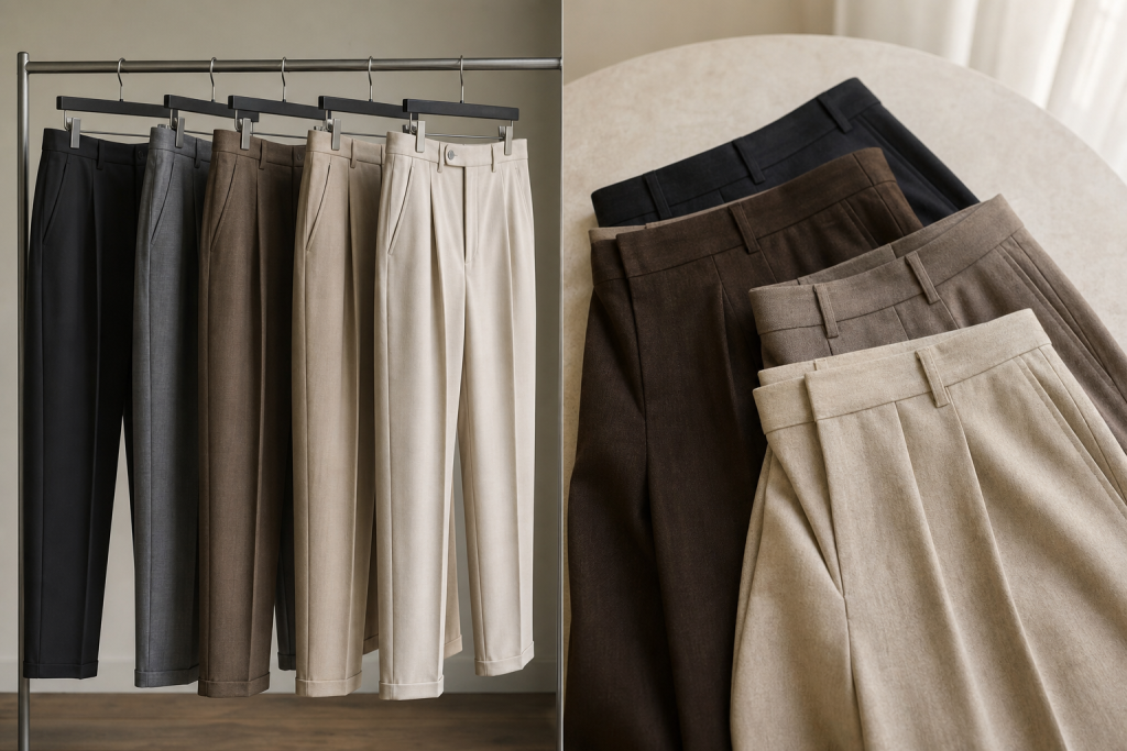 Pantaloni con pinces in composizione editoriale generica