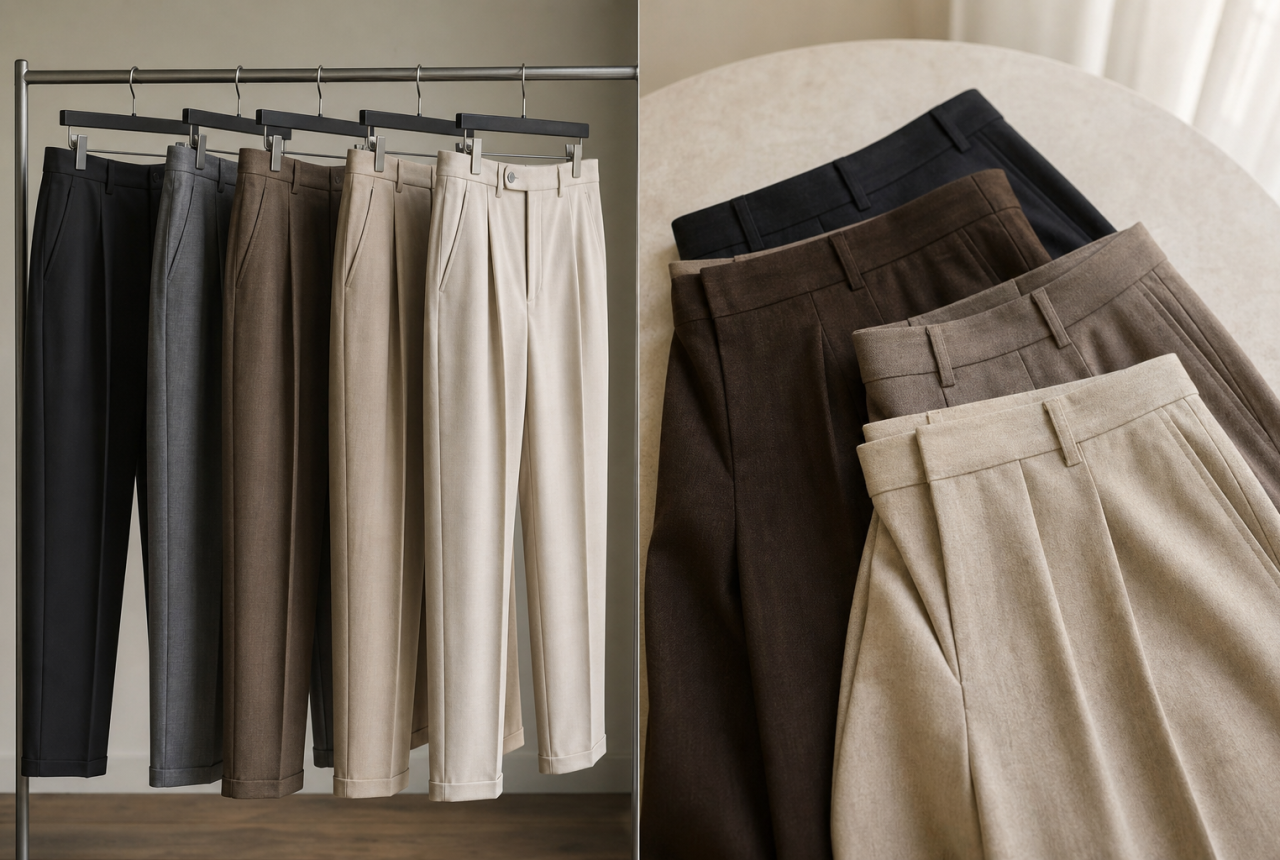 Pantaloni con pinces in composizione editoriale generica