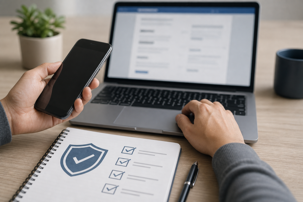 Checklist di sicurezza digitale accanto a laptop e smartphone