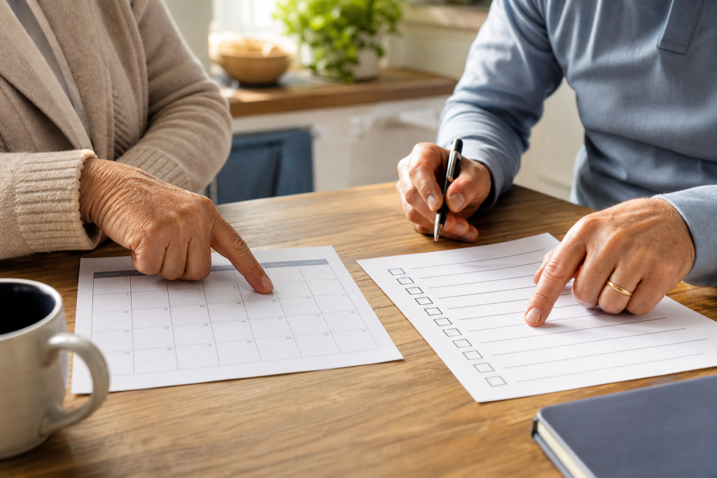 Due persone controllano un calendario e una lista per il rinnovo della patente
