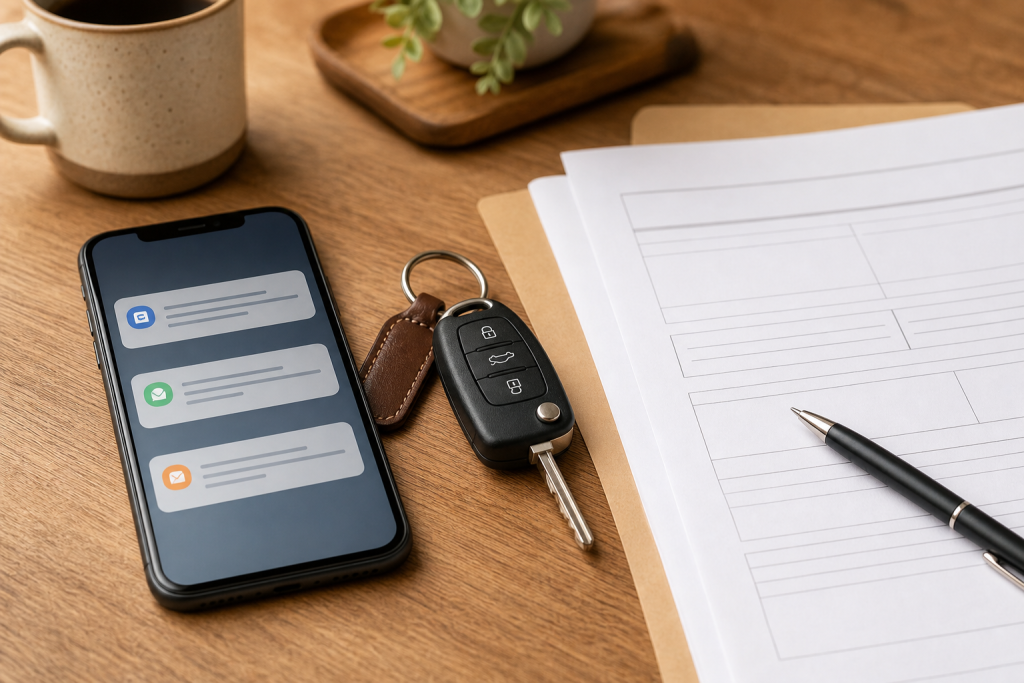 Smartphone e chiavi auto generiche per controllare notifiche digitali