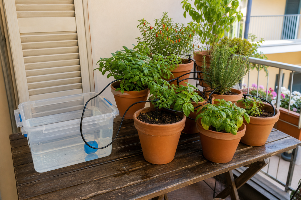 Piante da balcone con sistema di irrigazione generico prima delle vacanze