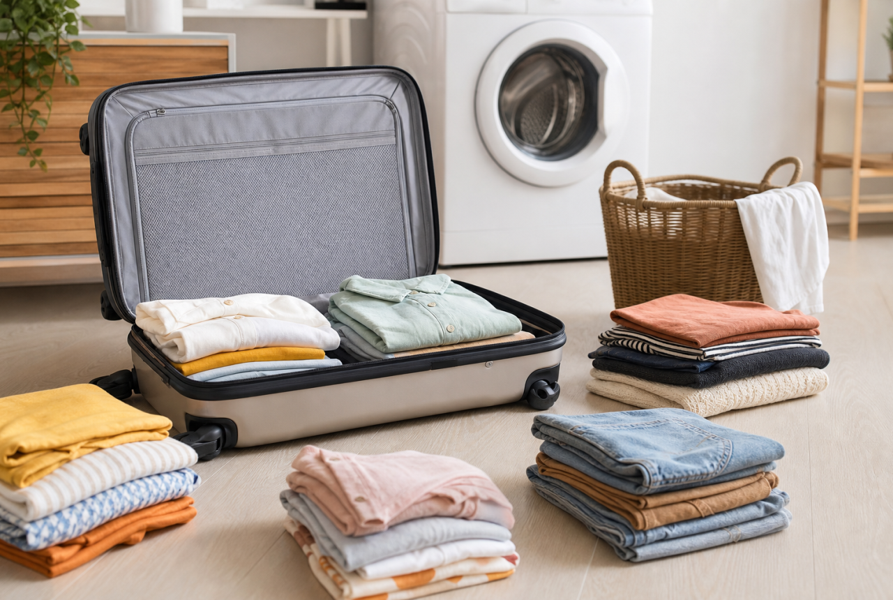 Valigia aperta con vestiti divisi per il bucato al rientro dalle vacanze