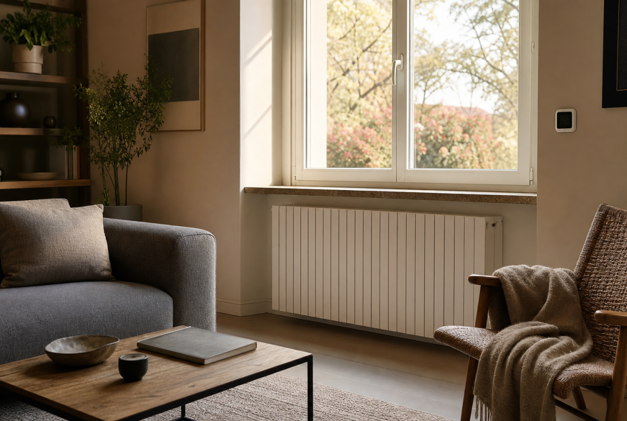 Soggiorno generico con termosifone e termostato prima dell'autunno