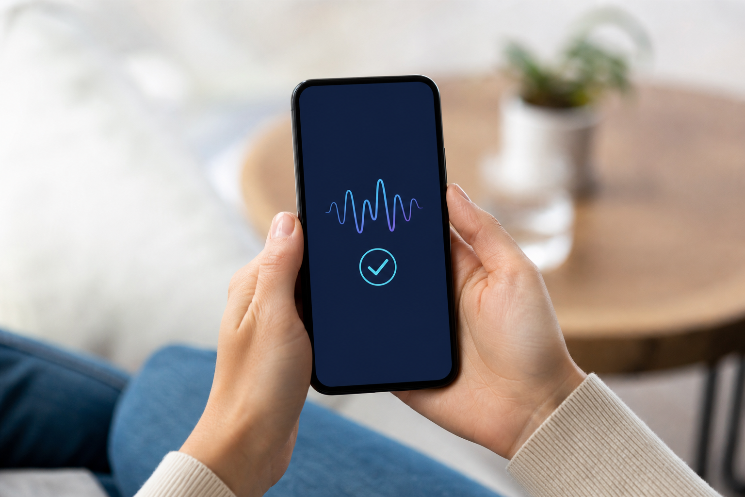 Smartphone generico con onda audio e simbolo di verifica