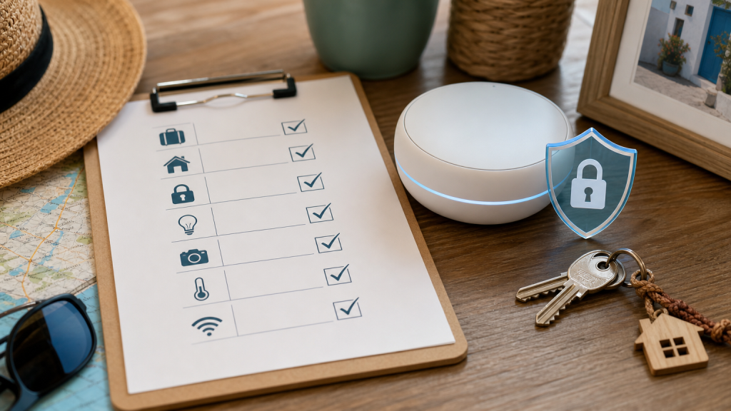 Checklist privacy per casa vacanza con chiavi e dispositivo smart generico