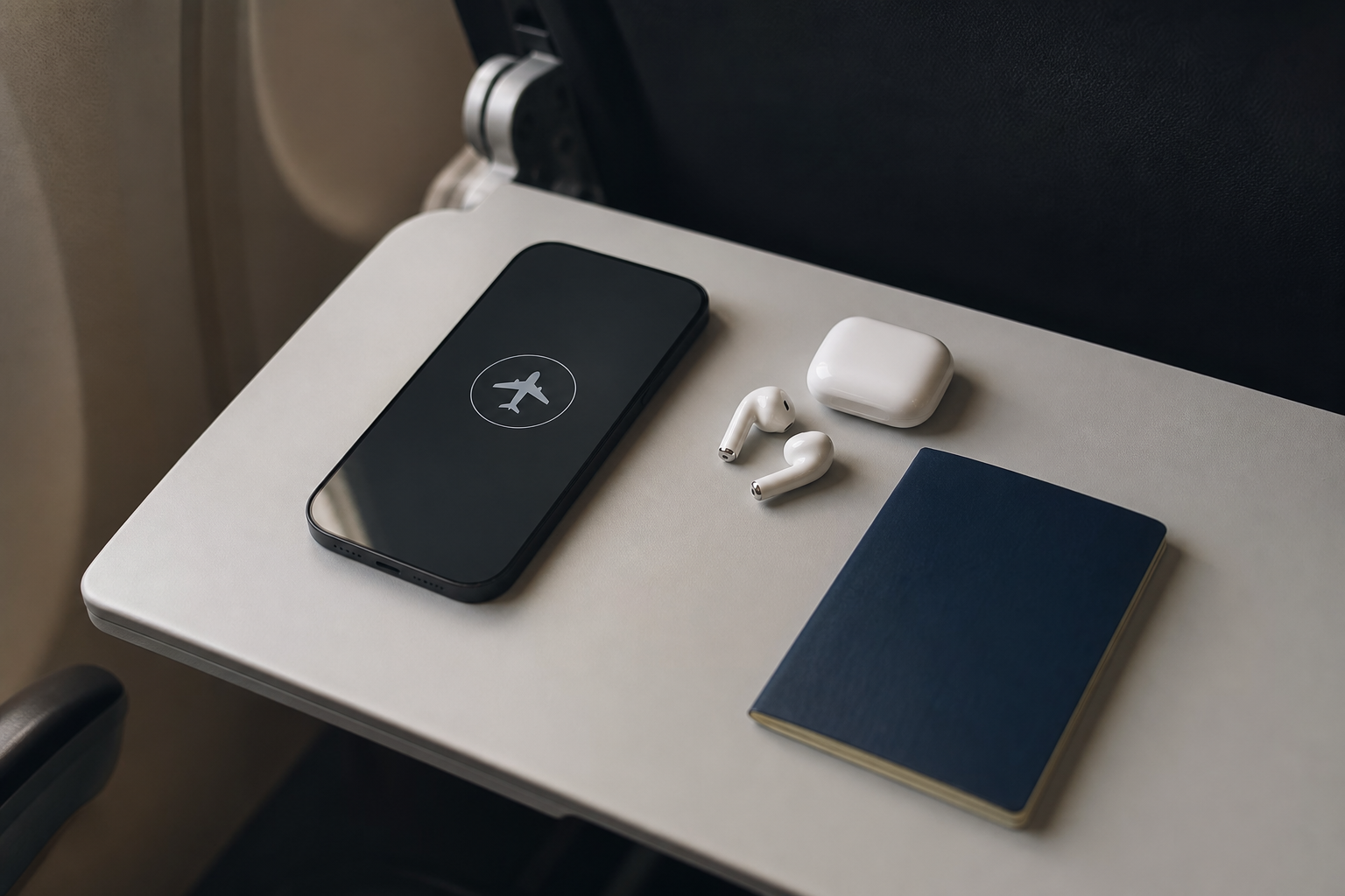 Smartphone generico in modalità aereo su un tavolino di bordo