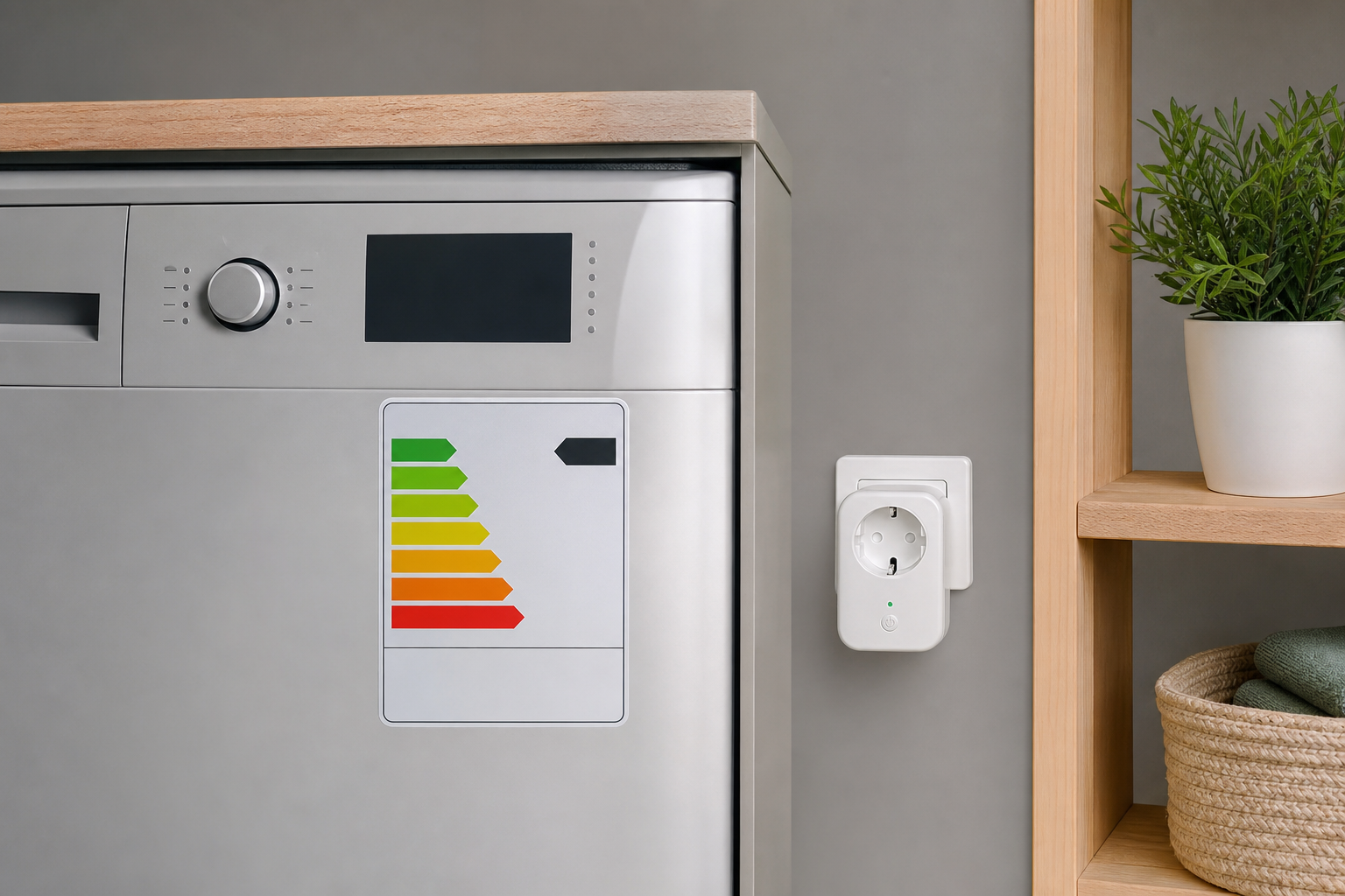 Etichetta energetica stilizzata e presa smart accanto a un elettrodomestico generico