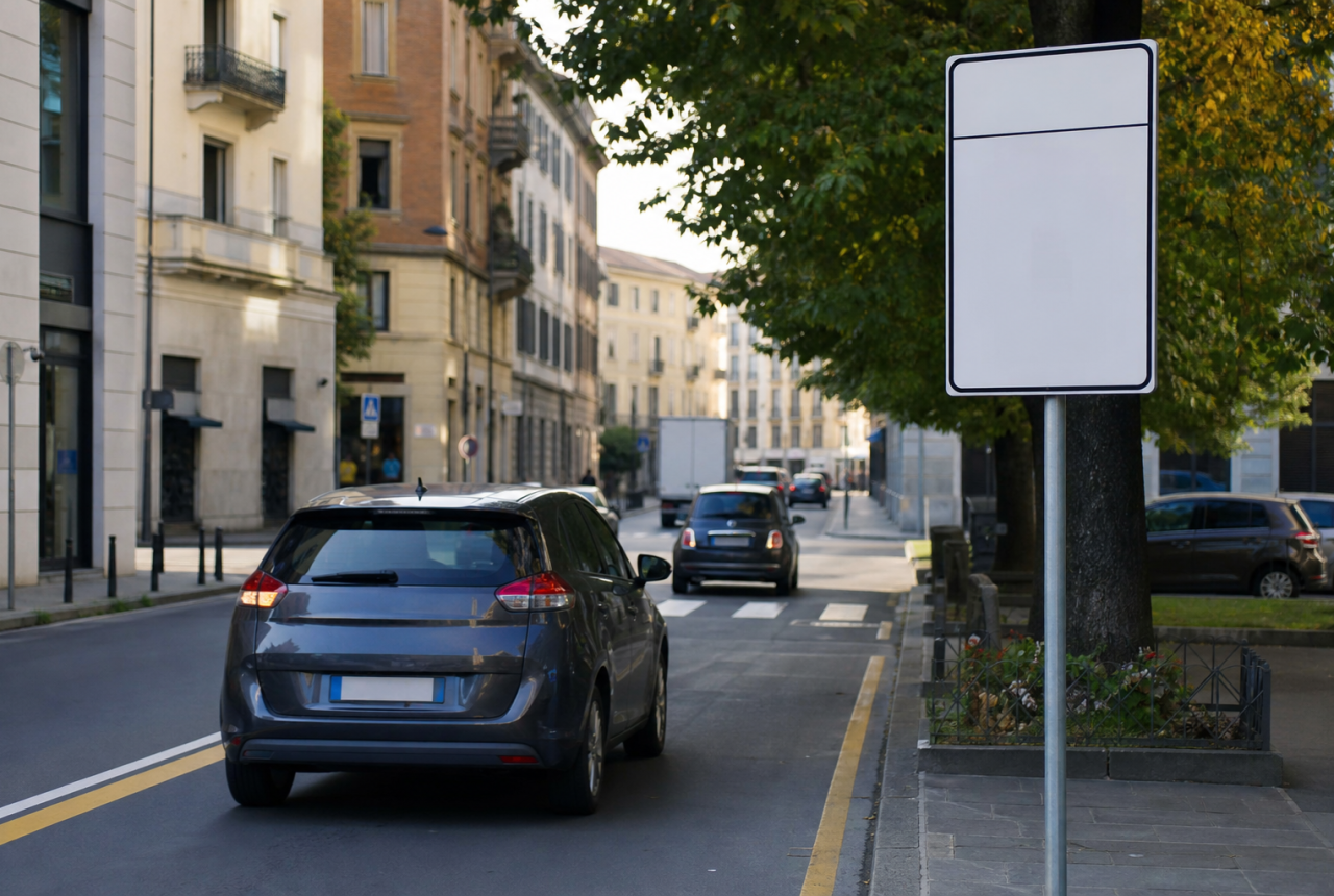Auto in una strada urbana con cartello generico di limitazione del traffico