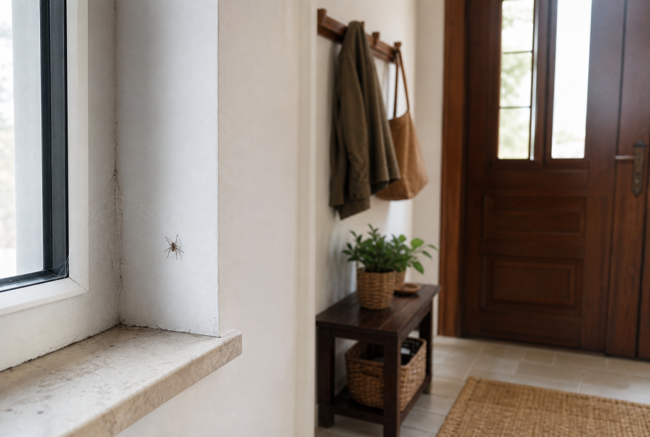 Ragno domestico generico vicino a una finestra di casa