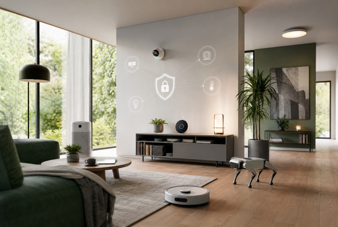Robot domestici e casa smart in un soggiorno moderno