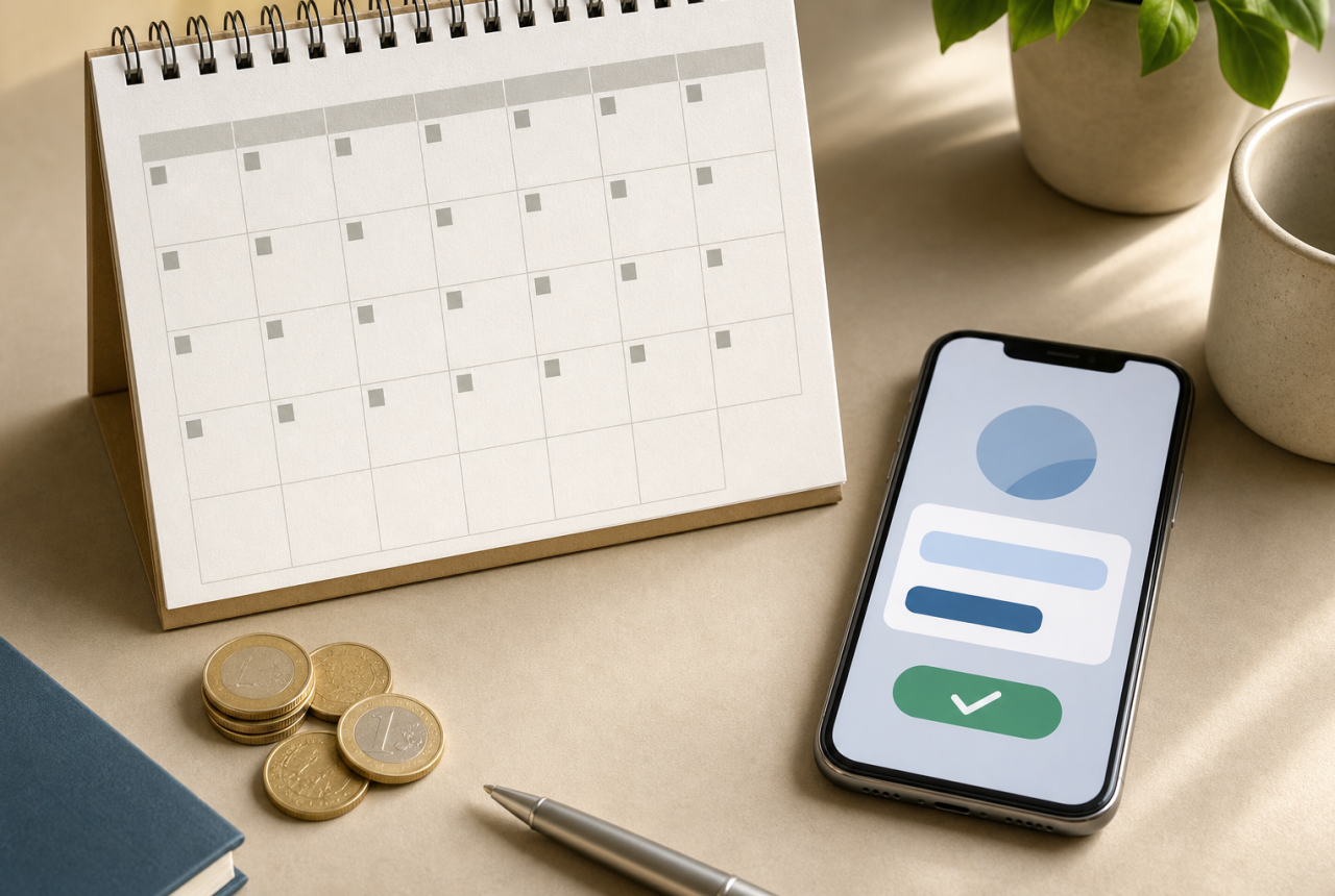 Calendario generico e smartphone per controllare un pagamento familiare