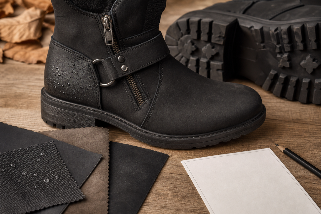 Dettagli di suola zip e materiali di uno stivale biker generico