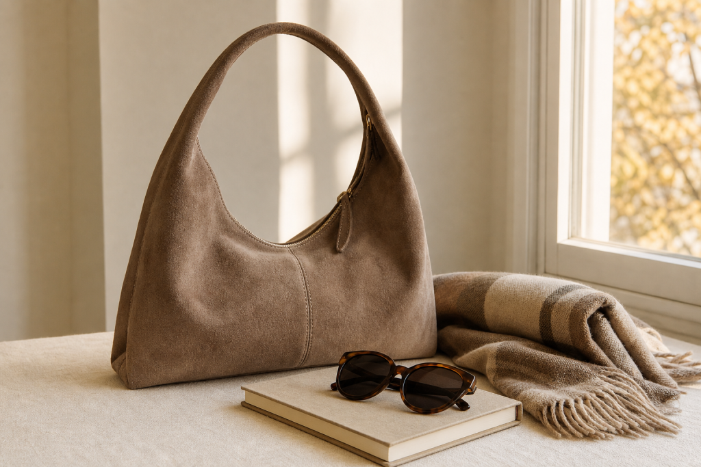 Borsa scamosciata generica con accessori autunnali