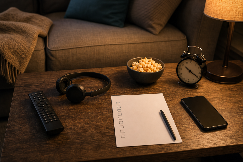 Telecomando cuffie e checklist generica per una diretta TV notturna