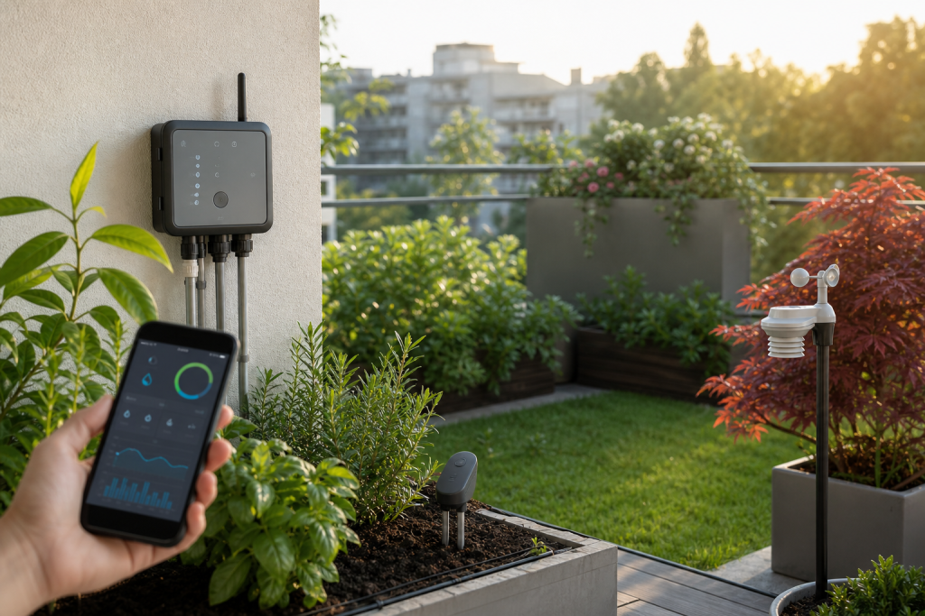Balcone e piccolo giardino con dispositivi smart generici senza marchi