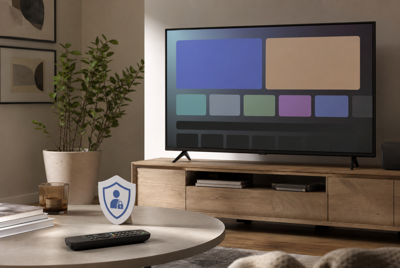 Smart TV generica con schermata astratta e simbolo privacy