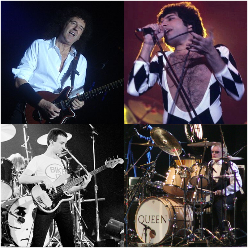 I quattro membri dei Queen in una composizione Wikimedia