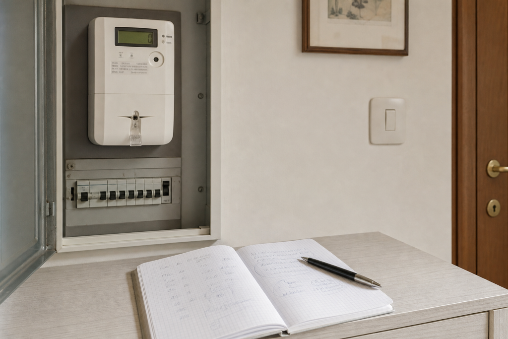 Contatore elettrico domestico con appunti sui consumi