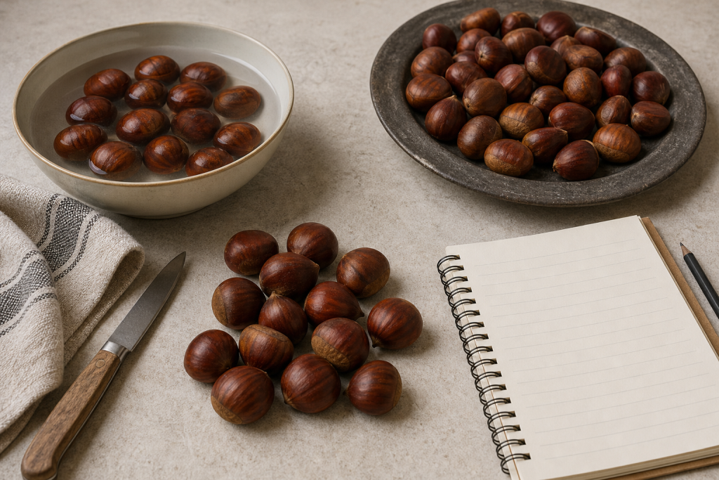 Castagne in acqua e su un piano cucina per il controllo prima della cottura