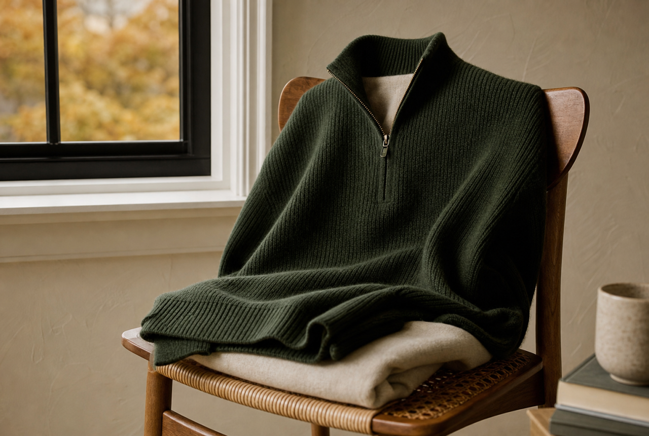 Maglione con zip in lana su una sedia