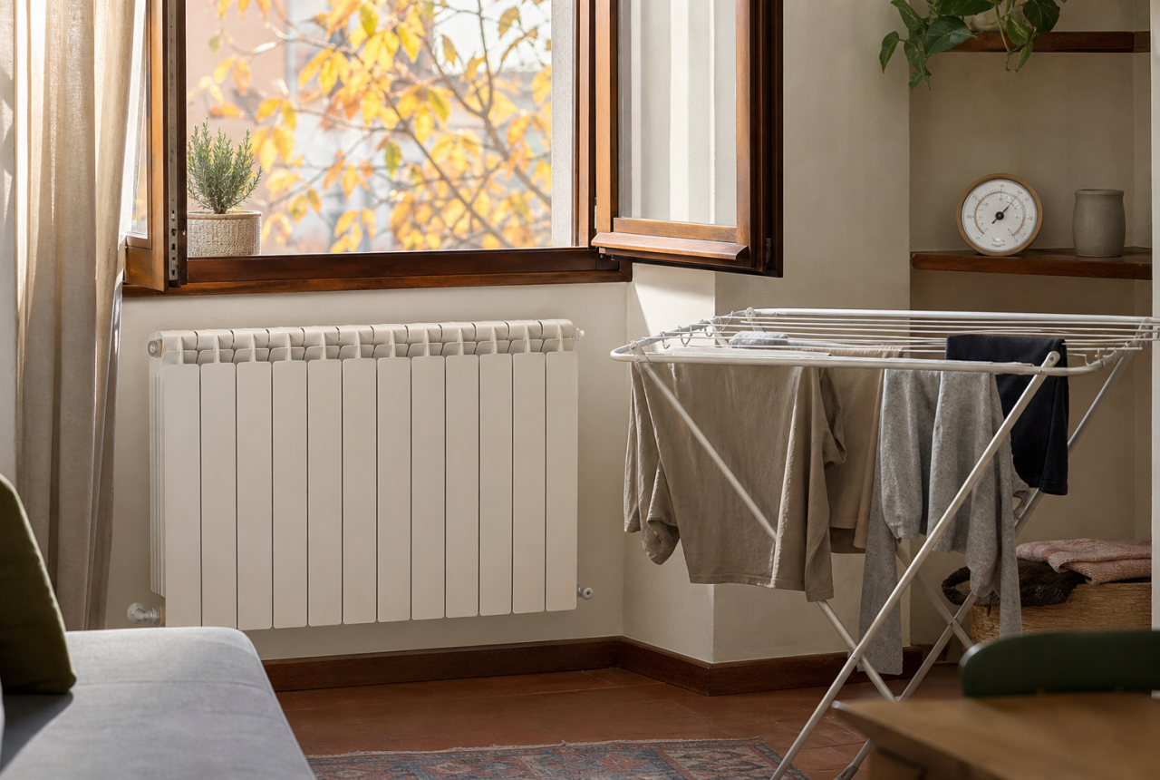 Stendino vicino a un termosifone libero in casa