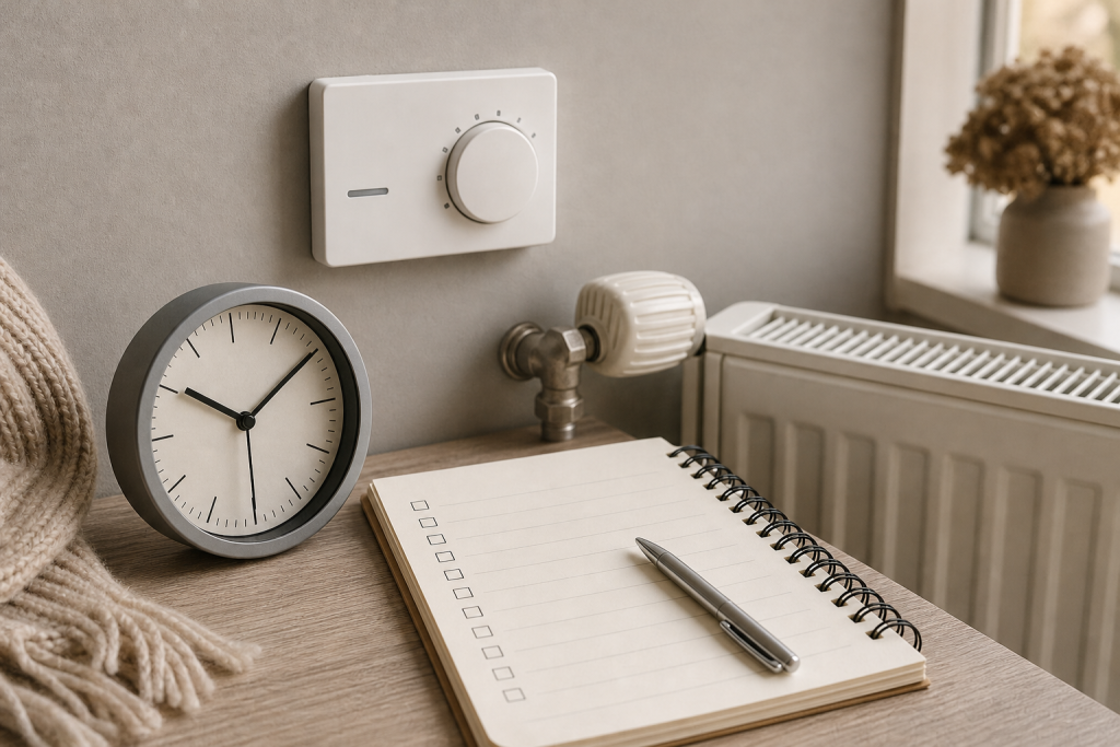 Termostato generico e radiatore con checklist degli orari