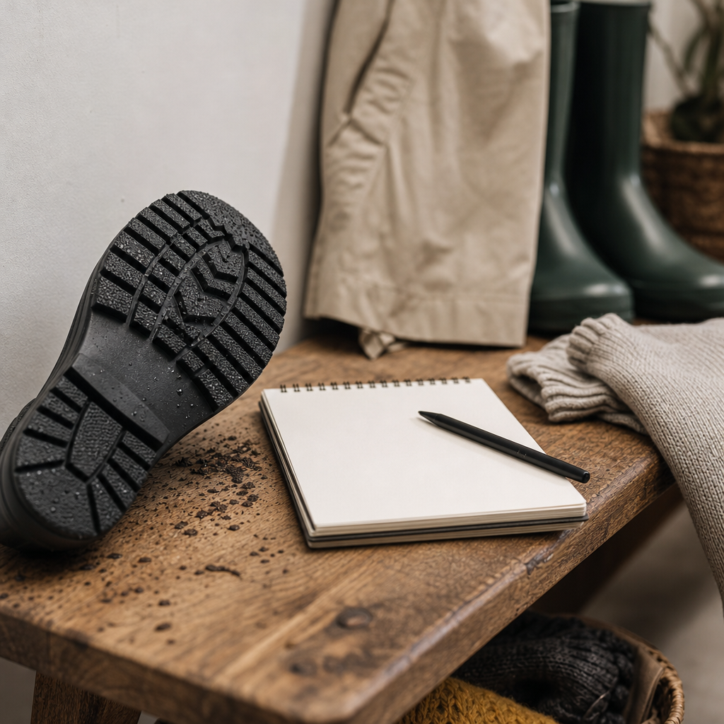 Dettaglio di suola antipioggia e checklist per scarpe autunnali