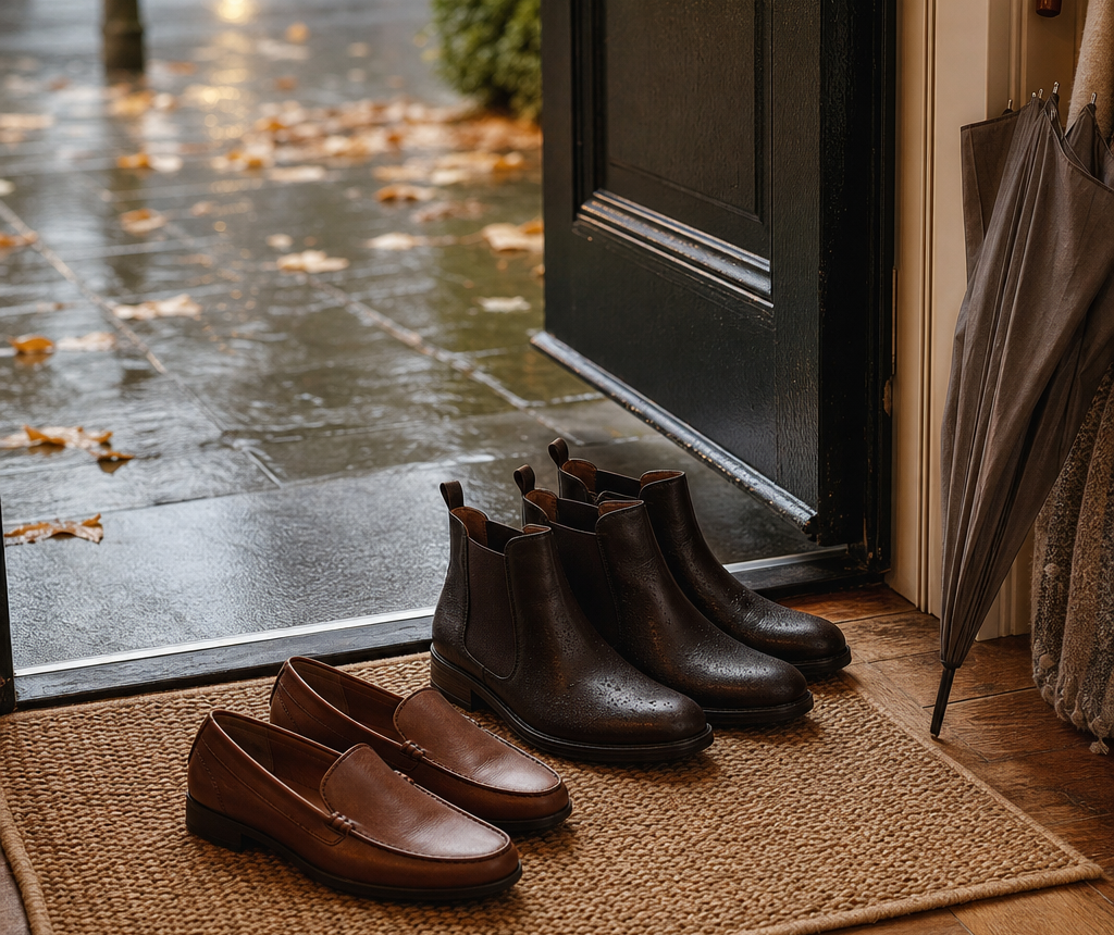 Scarpe autunnali generiche vicino a una porta nei giorni di pioggia