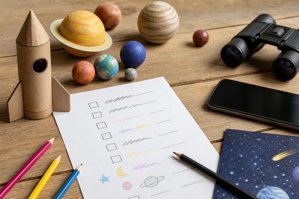 Checklist generica con razzo di cartone e pianeti per attività spazio